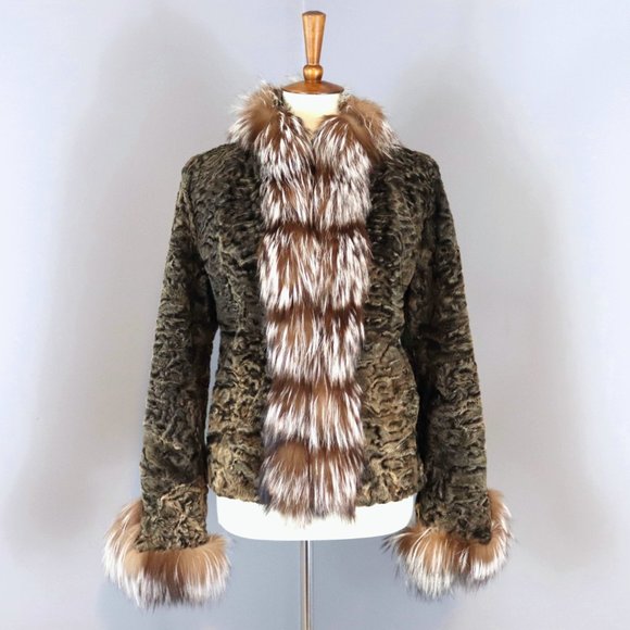 Genuine Karakul Persian Lamb Medium Fox Fur Trim Coat Neiman Marcus $6k - Picture 6 of 14